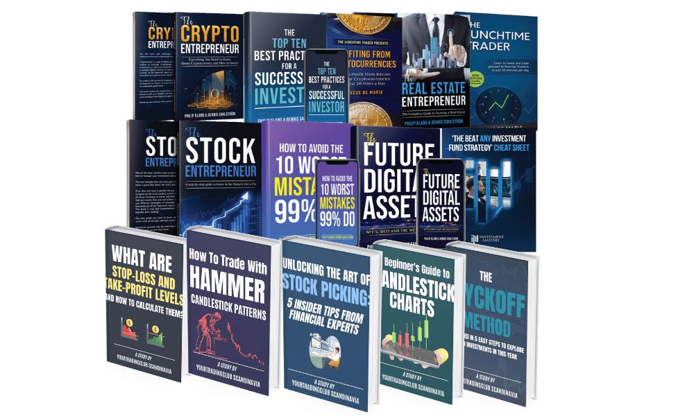 en bunk böcker om crypto, stocks, grafer och candlesticks
